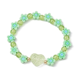 Светло-зеленый Браслет-стрейч ручной работы с цветами из полимерной глины, браслеты из бисера в форме сердца с потрескиванием для женщин, светло-зеленый, внутренний диаметр: 2-1/8 дюйм (5.3 см)