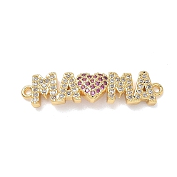Rosa Oscura Eslabones de latón con microengaste de circonitas cúbicas para el Día de la Madre, dijes conectores de letras mamá, dorado, de color rosa oscuro, 7.5x30x2.5 mm, agujero: 1.2 mm
