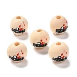 Black Printed Wood European Beads, Large Hole Beads, Round with Car and Heart Pattern, Black, 16x15mm, Hole: 4mm