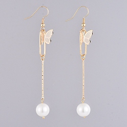 White Dangle Earrings, with Glass Pearl Round Beads, Iron Bar Links, Brass Pendant and Earring Hooks, Butterfly & Oval, White, 81mm, Pin: 0.7mm