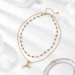 Красный Подвеска с изображением сердца и креста из прозрачного кубического циркония в форме латуни с имитацией сглаза, лэмпворк, ручная работа 304 двухслойные цепочки из нержавеющей стали для женщин, золотые, красные, 14.45 дюйм (36.7 см)