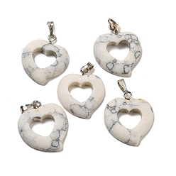 Synthetic Turquoise Synthetic Turquoise Pendants, Heart Charms with Platinum Tone Iron Snap on Bails, 21.5~23x17.5~18.5x3.5mm, Hole: 2x6mm