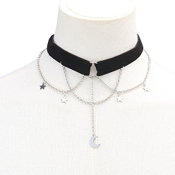 Платина Ожерелья-чокеры из многослойного черного бархатного шнура с кисточками из цинкового сплава в форме луны, платина, 13.78 дюйм (35 см), Кулон : 16 мм