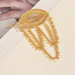 Golden Brass Micro Pave Cubic Zirconia Hair Barrettes, Horse Eye with Tassel Chains, Hair Accessories for Women Girls, Golden, 85x65mm