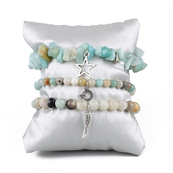 Flower Amazonite Эластичные браслеты из амазонита с натуральными цветами, для женщин, амулет звезда, луна и крылья, периметр: 7-1/2 дюйм (19 см), 3 шт / комплект