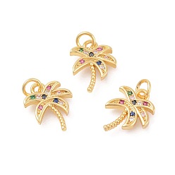 Golden Brass Micro Pave Cubic Zirconia Pendants, Cadmium Free & Lead Free, Coconut Tree, Colorful, Golden, 18.5x14x2mm, Hole: 4mm
