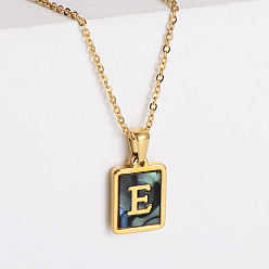 Letter E 304 ожерелья с прямоугольной подвеской из натуральной ракушки пауа из нержавеющей стали для женщин, реальный 18 k позолоченный, Письмо E, 17.72 дюйм (45 см)