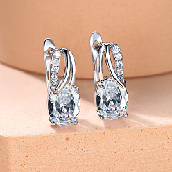 Прозрачный Латунь кубического циркония серьги стержня, овальные, платина, прозрачные, 16x13 мм