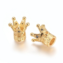 Golden Brass Micro Pave Black Cubic Zirconia Beads, Long-Lasting Plated, Crown, Golden, 13.5x13.5mm, Hole: 1.8mm