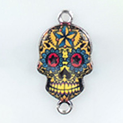 Gold Cinco de Mayo Alloy Enamel Connector Charms, Sugar Skull Links, Platinum, Gold, 26x14mm