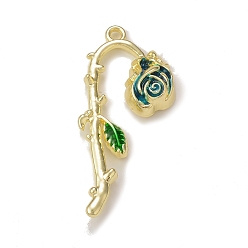 Dark Cyan Rack Plating Alloy Enamel Pendants, Rose Flower Charm, Golden, Dark Cyan, 38.5x19x5mm, Hole: 1.8mm