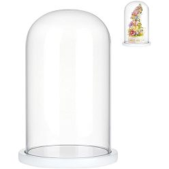 White Glass Dome Cover, Decorative Display Case, Cloche Bell Jar Terrarium with Wood Base, for DIY Preserved Flower Gift, White, 150x255mm