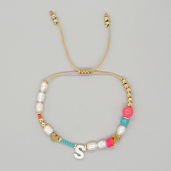 Letter S Initial Letter Natural Pearl Braided Bead Bracelet, Adjustable Bracelet, Letter S, 11 inch(28cm)