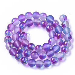 Blue Violet Frosted Spray Painted Glass Beads Strands, with Golden Foil, Round, Blue Violet, 8~9mm, Hole: 1.2~1.5mm, about 46~56pcs/Strand, 14.37 inch~16.3 inch(36.5~41.4cm)