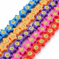 Gemischte Farbe Handgemachte Polymer-Lehm-Korn-Stränge, Sterne mit lächelndes Gesicht, Gemischte Farbe, 7.5~9x8.5~9x3.5~4 mm, Bohrung: 1.6 mm, ca. 39~40 Stk. / Strang, 12.32 Zoll ~ 12.60 Zoll (31.3~32 cm)