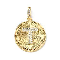 Letter T Латунные микропаве прозрачные подвески с фианитом, плоский круглый с подвесками в виде букв, без свинца и без кадмия, долговечный, стойки покрытие, реальный 18 k позолоченный, Письмо T, 24.5x21.5x2.5 мм, отверстие : 4.5x3.5 мм