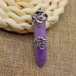 Amethyst Natural Amethyst Pendant Necklaces, Bullet with Rose Flower, 20.08~31.50 inch(51~80cm)