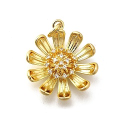 Настоящее золото 18K Латунные микропаве прозрачные подвески с фианитом, без кадмия, без никеля и без свинца, прелести маргаритки, реальный 18 k позолоченный, 21.5x19.5x4 мм, отверстие : 3 мм