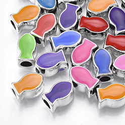 Платина УФ-покрытие акриловым Европейский бисером, с эмалью, бусины с большим отверстием, рыба, разноцветные, платина, 14x9x9 мм, отверстие : 5 мм