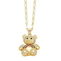 Colorful Brass Micro Pave Cubic Zirconia Pendant Necklaces, Bear, Colorful, 17.72 inch(45cm), Pendant: 28x20mm
