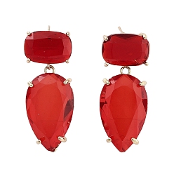 Rouge Boucles d'oreilles pendantes en forme de larme de verre, boucles d'oreilles en laiton doré clair, rouge, 41x16mm