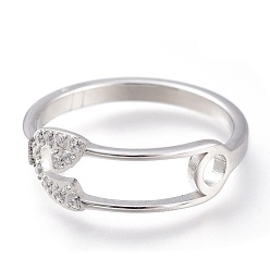 Нержавеющая Сталь Цвет 304 палец кольца из нержавеющей стали, с четким кубического циркония, широкая полоса кольца, Форма предохранительного штифта, цвет нержавеющей стали, размер США 6~9, внутренний диаметр: 16~19 мм