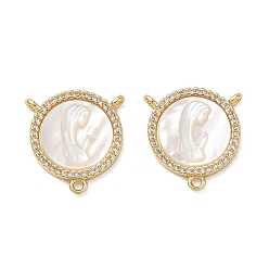Real 18K Gold Plated Brass Micro Pave Clear Cubic Zirconia Chandelier Component Links, Round with Virgin Mary, with Natural White Shell, Cadmium Free & Lead Free, Long-Lasting Plated, Rack Plating, Real 18K Gold Plated, 17x16x3mm, Hole: 1.4mm