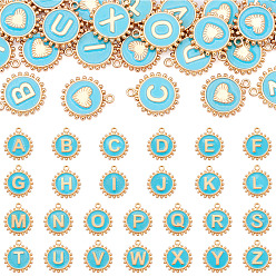 Dunkeltürkis 26 Emaille-Anhänger aus PC-Legierung, flach, rund, mit Buchstaben a~z Charms, dunkeltürkis, 17.5x15x2.5 mm, Bohrung: 1.5 mm