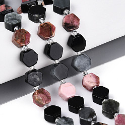 Смешанные камни Нити из натуральных бусин родонита, орлиного глаза и обсидиана, шестиугольник, с бисером и картоном, 7.5~10x8.5~10.5x3.5~6 мм, отверстие : 0.7~1 мм, около 17~18 шт / нитка, 7.09~7.68 дюйм (18~19.5 см), 1 прядь / комплект