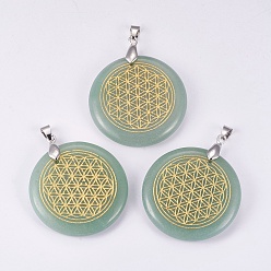 Green Aventurine Natural Green Aventurine Pendants, with Brass Findings, Flat Round, Platinum, 53mm, Hole: 3.5x5.5mm, Pendant: 47x38x6mm