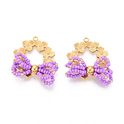 Средний Фиолетовый 304 подвески из нержавеющей стали, клевер и бант, со стеклянными бисеринами, реальный 18 k позолоченный, ионное покрытие (ip), средне фиолетовый, 27~29x26~29x6.5~8 мм, отверстие : 1.8 мм