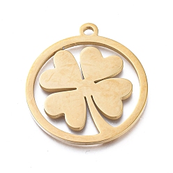 Golden Ion Plating(IP) 304 Stainless Steel Pendants, Manual Polishing, Ring with Clover, Golden, 28.5x25.5x1.5mm, Hole: 2mm