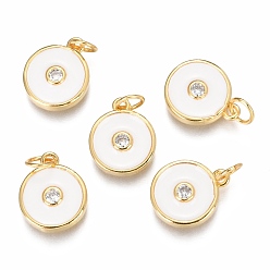Белый Латунные микропаве прозрачные кубические циркониевые подвески, долговечный, с эмалью и прыжковыми кольцами, плоско-круглые, реальный 18 k позолоченный, белые, 13.2x11x2.7 мм, отверстие : 3 мм, Перейти кольцо: 5x0.8 мм