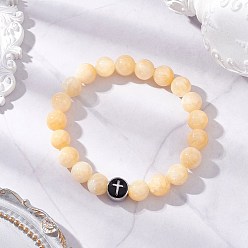 Желтый Нефрит Эластичные браслеты из натурального желтого нефрита, крестик, с 304 европейским бисером из нержавеющей стали, внутренний диаметр: 2-1/4 дюйм (5.8 см)