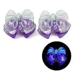 Lila Leuchtende, undurchsichtige Harz-, Strass- und Polymerclay-Perlen, Schleife, mit Glitzerpulver, Leuchten im Dunkeln, lila, 32~34x39~41x22~24 mm, Bohrung: 2~3 mm