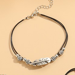 Перо Браслеты на ногу из черного вощеного шнура со звеньями из сплава, античное серебро, перо, 2 дюйм (7-7/8 мм)