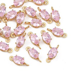 Pink SHEGRACE Brass Pave Cubic Zirconia Oval Connector Charms, Cadmium Free & Nickel Free & Lead Free, Long-Lasting Plated, Real 18K Gold Plated, Pink, 11.5x4.5x4mm, Hole: 1mm and 1.2mm