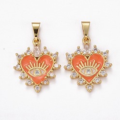 Оранжевый Латунные подвески с фианитами, с эмалью, долговечный, реальный 18 k позолоченный, сердце и глаз, оранжевые, 23x19x3 мм, отверстие : 2.5x6 мм