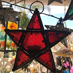 FireBrick Pentagonal Star Embossed Glass Candle Holder, Candle Storage Container Pub Decoration, FireBrick, 45.6cm
