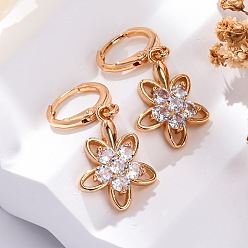 Золотой Серьги с застежкой-защелкой из латуни с прозрачным фианитом и прозрачным фианитом, долговечный, стойки покрытие, без свинца и без кадмия, цветок, золотые, 31.5x13.5 мм
