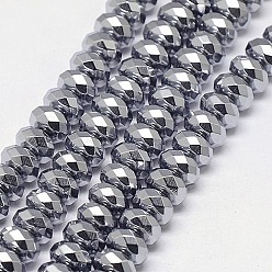 Platinum Plated Electroplate Non-magnetic Synthetic Hematite Beads Strands, Faceted, Rondelle, Grade A, Platinum Plated, 8x4mm, Hole: 1.2mm, about 83pcs/strand, 16 inch