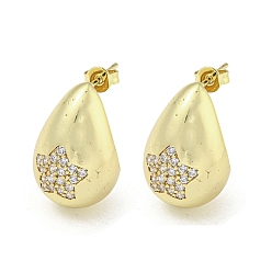 Golden Brass with Cubic Zirconia Stud Earrings, Teardrop, Golden, 21.5x14mm