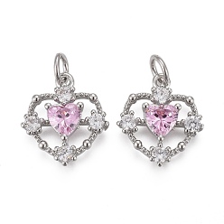 Платинированный Кулоны с кубическим цирконием из латуни с прозрачным паве и жемчугом, с прыжковых колец, долговечный, сердце, Реальная платина, 15x13x3 мм, отверстие : 3 мм