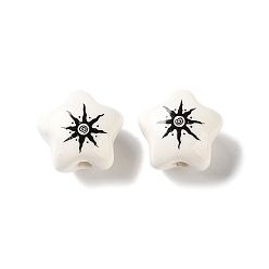 Black Printed Handmade Porcelain Beads, Star with Sun, Black, 12.5x13x9mm, Hole: 2.5mm