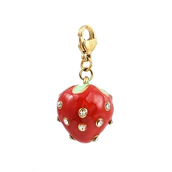 Золотой 304 подвесные украшения из эмали из нержавеющей стали, с застежками и стразами когтя омара, клубника, золотые, 32 мм