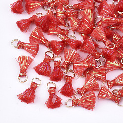 Crimson Polyeter Tassel Pendants, with Metallic Cord and Iron Jump Rings, Golden, Crimson, 10~15x5~8mm, Hole: 3.5mm