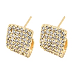 Light Gold Brass with Clear Cubic Zirconia Stud Earrings, Twist Rectangle, Light Gold, 14x11mm