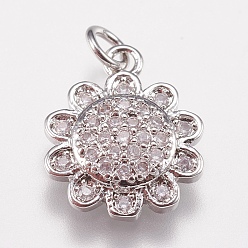 Platinum Brass Micro Pave Cubic Zirconia Charms, Cadmium Free & Lead Free, Flower, Platinum, 14x11.5x3mm, Hole: 2mm