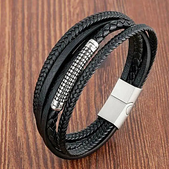 Stainless Steel Color Braided Black Imitation Leather Multi-Strand Bracelets with 316L Stainless Steel Magnetic Clasps for Men, Stainless Steel Color, 8.27 inch(21cm)