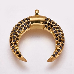 Golden Brass Micro Pave Cubic Zirconia Pendants, Double Horn/Crescent Moon, Golden, 18.5x17.5x3mm, Hole: 1.5mm